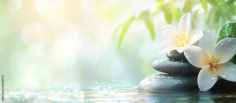 Poster close-up of stacked stones with white flowers and green leaves on a blurred background with soft nat