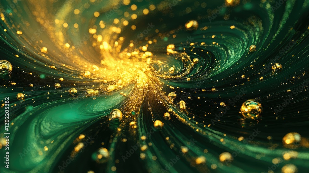 Aufkleber Abstract green and gold swirling background with glittering particles and bubbles, suitable for various design projects, Copy Space available