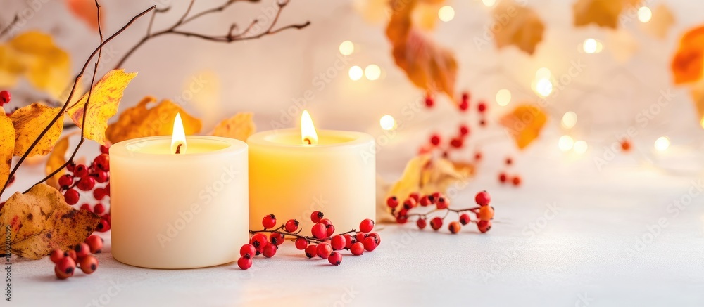 Poster Candles with warm glow surrounded by autumn leaves and berries with twinkling lights in soft focus and ample Copy Space for text