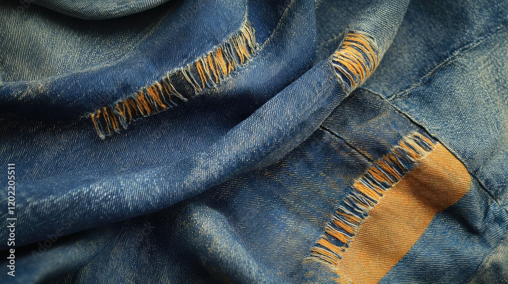 Poster Close-up of distressed denim fabric with frayed edges and colorful stitching detail Copy Space