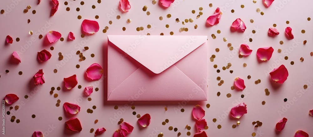 Poster pink envelope on a pink surface surrounded by rose petals and golden confetti; decorative flat lay w