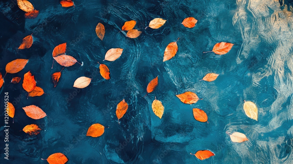 Aufkleber autumn leaves floating on a blue water surface with reflections and copy space for text placement