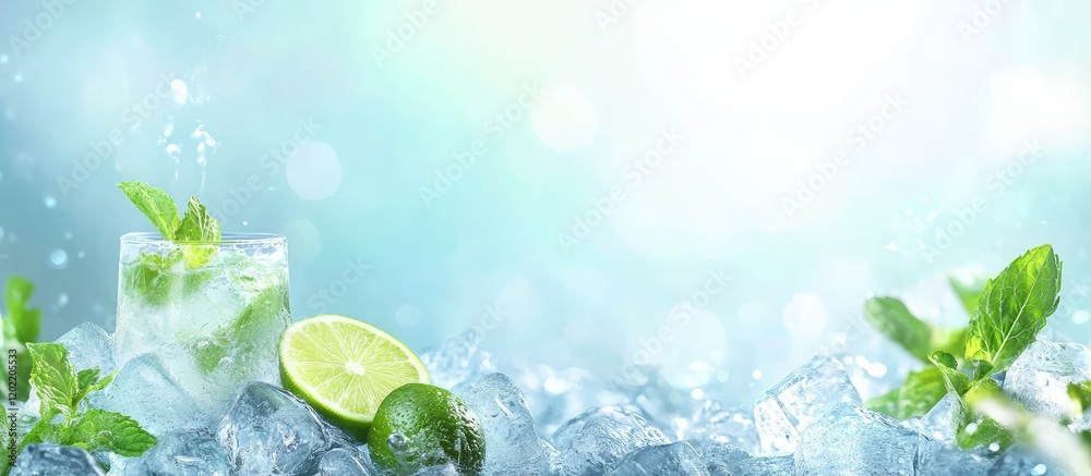 Poster Refreshing summer cocktail with mint and lime on ice with bright background and copy space