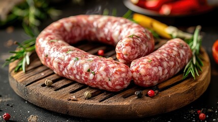 Freshly made raw sausage links on wooden cutting board with herbs and spices scattered on dark background Copy Space