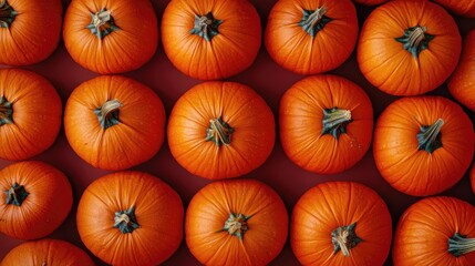 Rows of bright orange pumpkins arranged neatly on a red surface with Copy Space for text placement