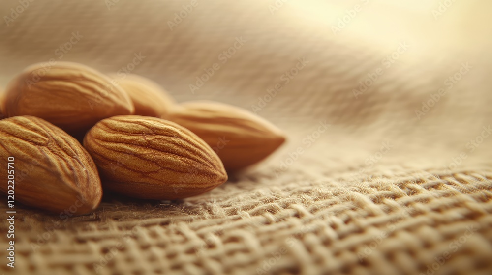 Poster close-up of raw almonds on textured burlap fabric background copy space