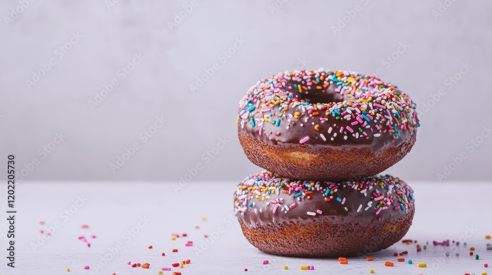 Poster Chocolate donuts with colorful sprinkles stacked on a white countertop with scattered sprinkles and copy space for text.