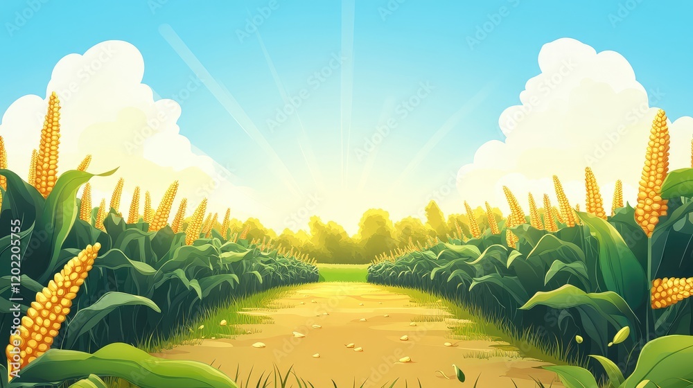 Poster cornfield pathway leading through lush green stalks under a bright blue sky with fluffy clouds and s