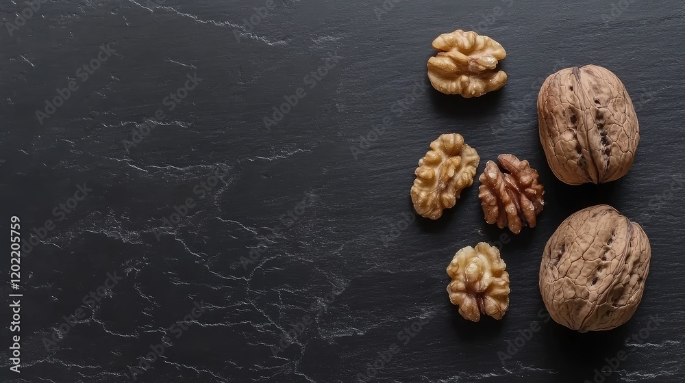 Poster Walnuts in shells and shelled on dark stone background with Copy Space for text