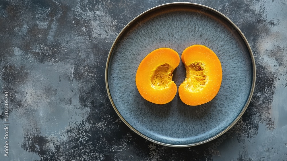 Poster sliced orange pumpkin on a decorative gray plate with textured background and ample copy space for t