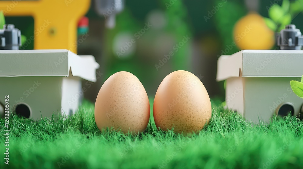 Poster two brown eggs on green grass between egg cartons in a nature-inspired setting with copy space.