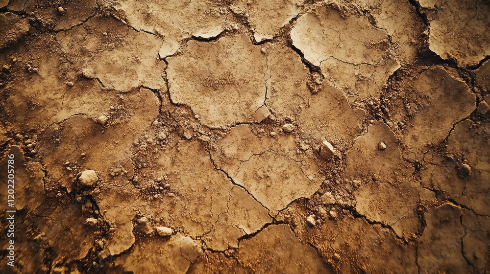 Poster Cracked dry earth surface texture with small stones and visible lines creating a pattern Copy Space