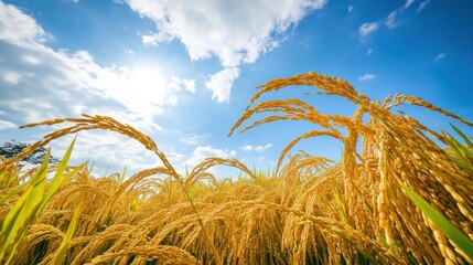 Golden rice fields in autumn, ready for harvest. Emphasizing the seasonal beauty and agricultural bounty. Ideal for agricultural magazines and nature photography.