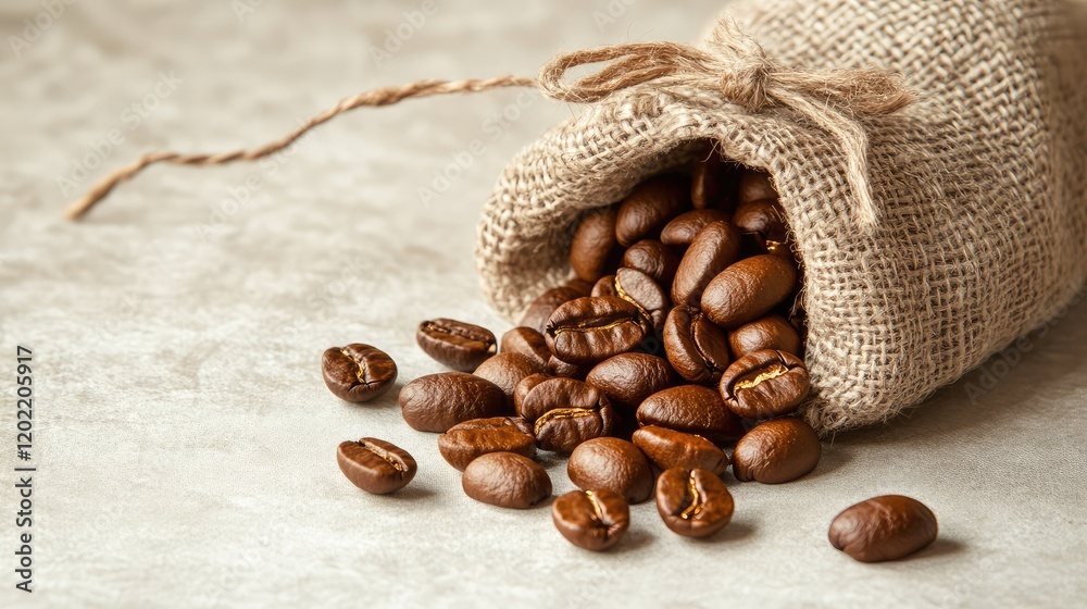 Poster Coffee beans spilling out of a burlap sack on a textured surface with copy space for text