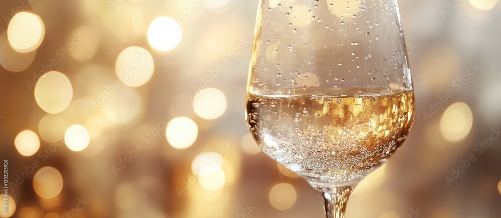 Poster Close-up of sparkling white wine in a glass with blurred golden lights in the background and a clear copy space for text
