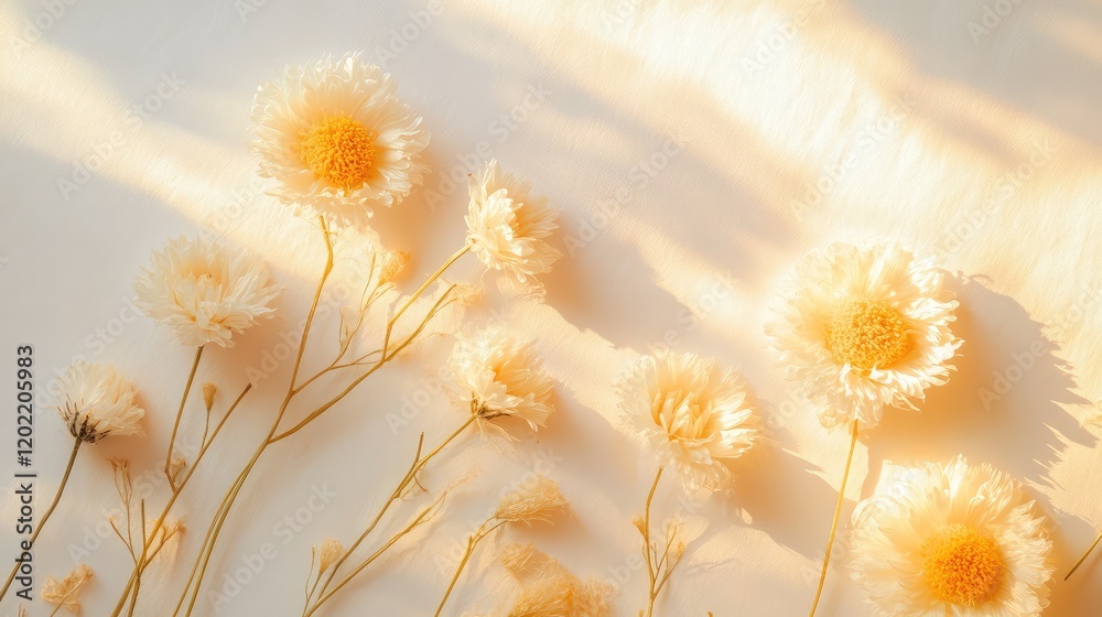 Poster delicate dried white and yellow flowers arranged on a soft background with natural light and shadows