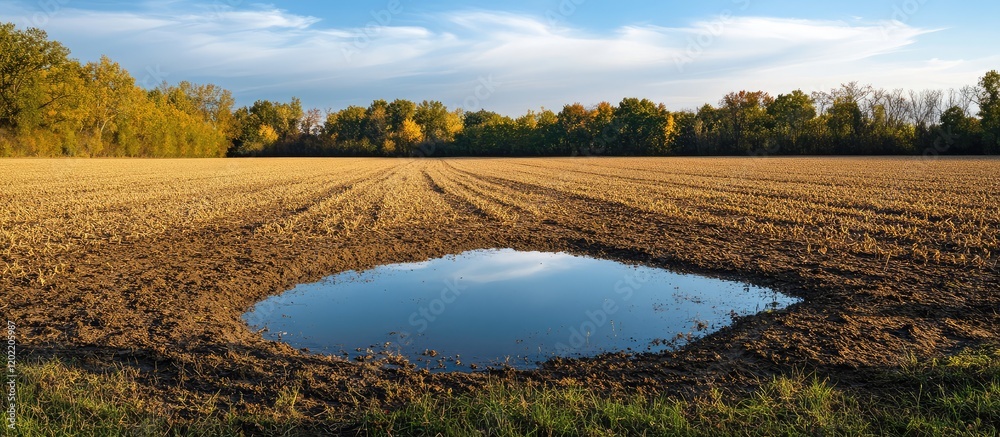 Aufkleber rippling water in a small pond amidst a plowed field under a blue sky with clouds and trees in the b