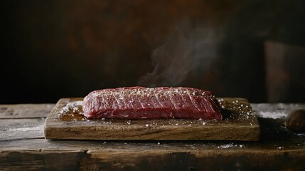 Raw beef steak seasoned with salt on a wooden cutting board with smoky background and copy space