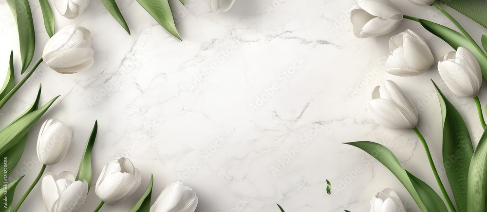 Leinwandbilder white tulips arranged on a marble background with copy space for text or design elements.