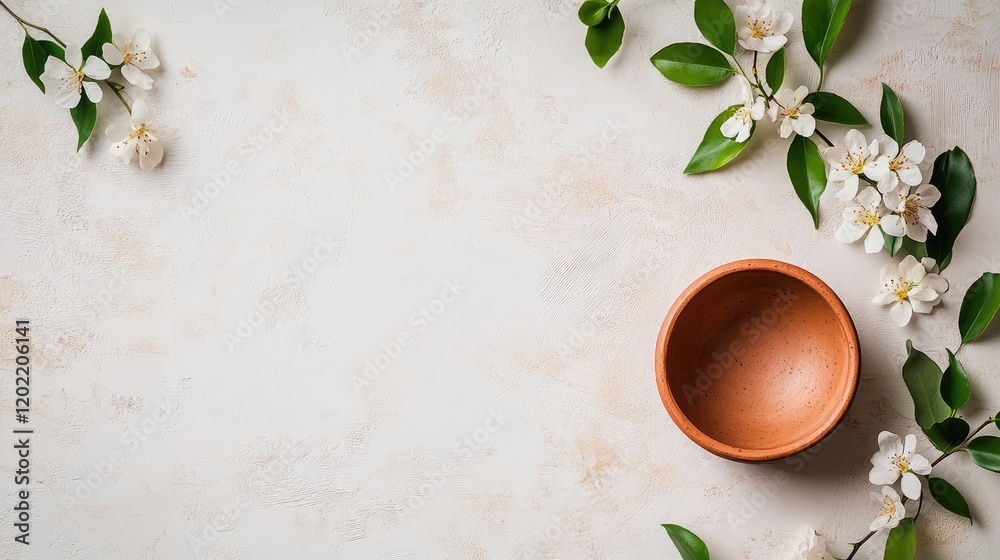 Poster terracotta pot with flowers and leaves on textured background with copy space for text placement