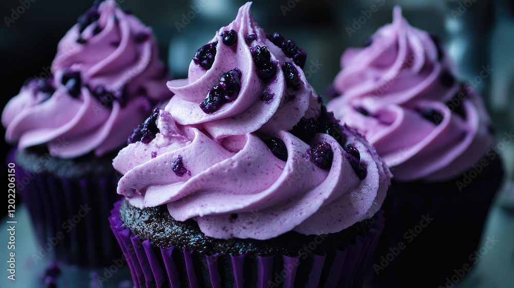 Poster close-up of delicious purple frosted cupcakes with decorative toppings on a blurred background copy 