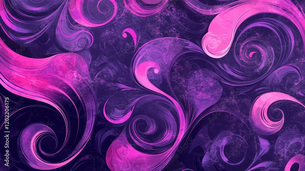 Poster Abstract swirling patterns in shades of purple and pink with a dark background and Copy Space for text placement.