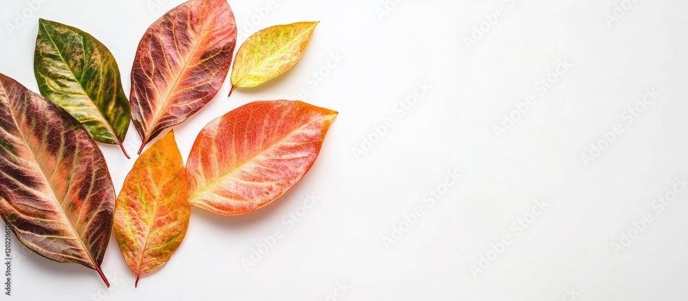 Poster colorful autumn leaves arranged on a white background with copy space for text insertion