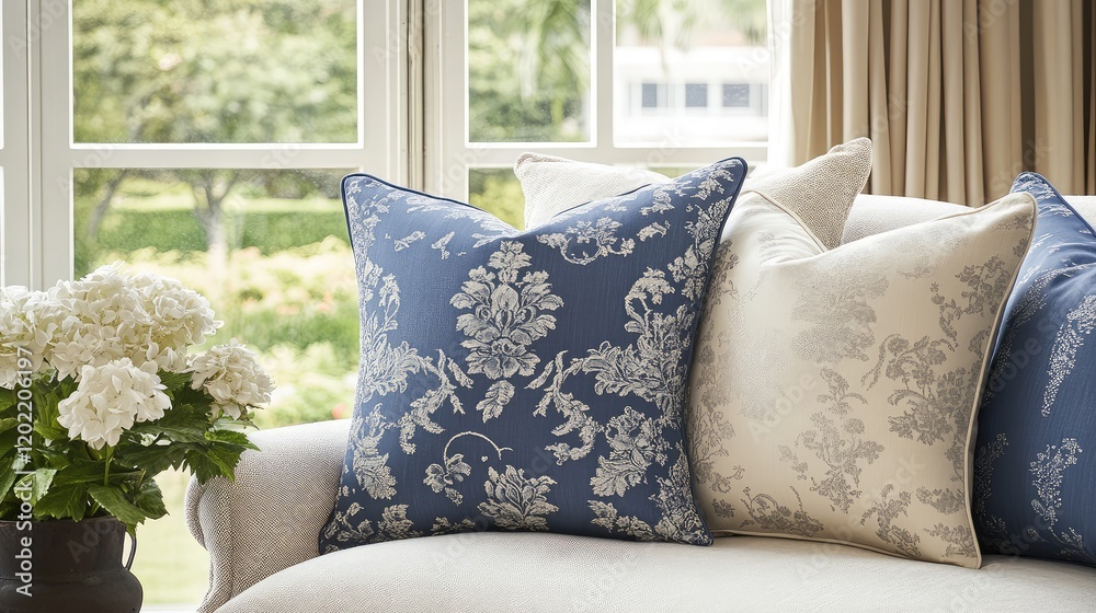 Aufkleber decorative patterned cushions on a beige sofa near a window with garden view and floral arrangement 