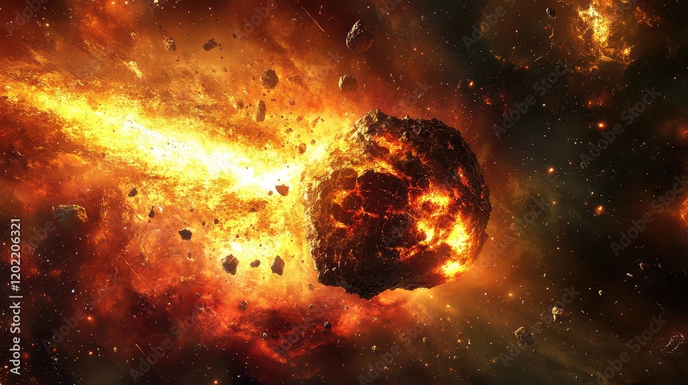 Poster Fiery asteroid traveling through space with debris and cosmic elements creating a dramatic celestial scene Copy Space