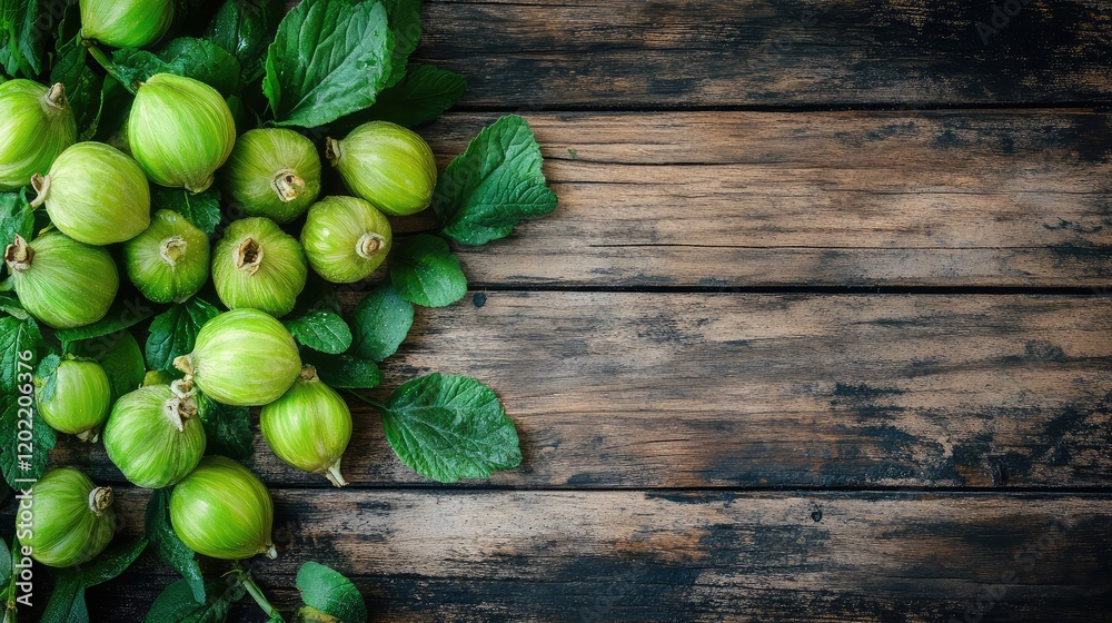 Poster fresh green gooseberries and mint leaves on a rustic wooden surface with copy space for text placeme