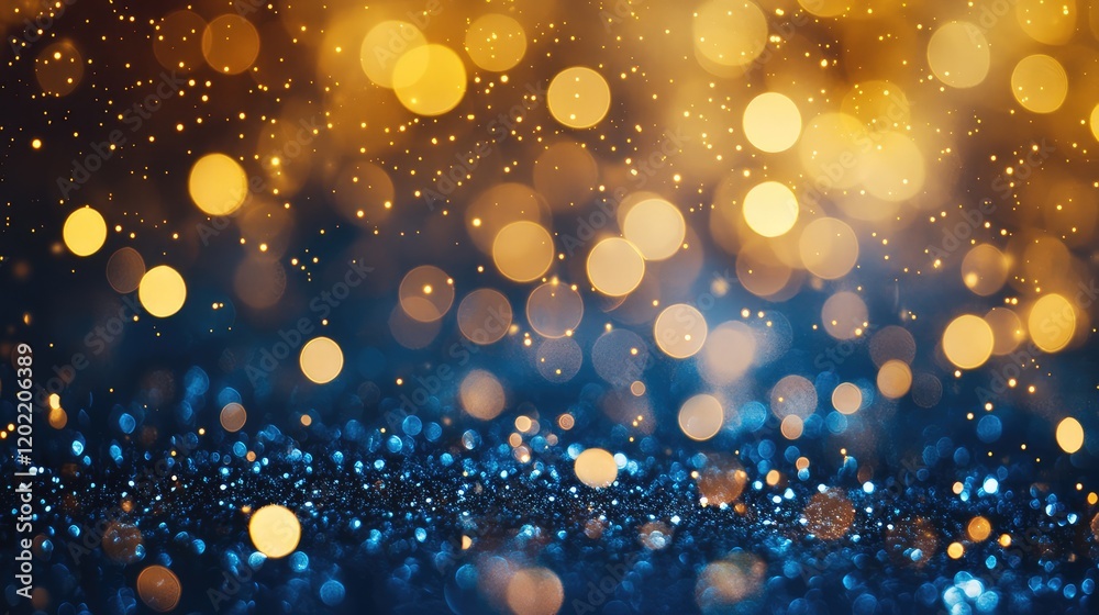 Poster Abstract golden and blue bokeh background with shimmering glitter particles and copy space for text placement