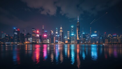 Fototapeta premium Night cityscape featuring the skylines of Singapore and Hong Kong with illuminated buildings reflecting on the water