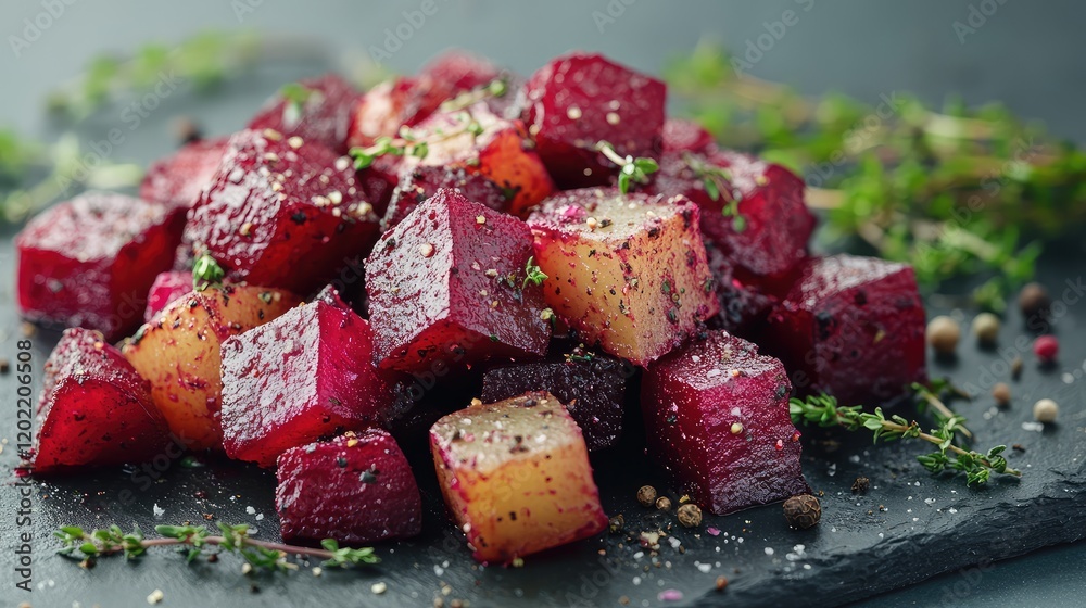 Poster roasted diced beetroot garnished with herbs on a dark slate serving board with spices scattered arou