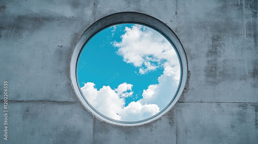 Poster round window with blue sky and clouds framed by concrete wall, featuring ample copy space for text p