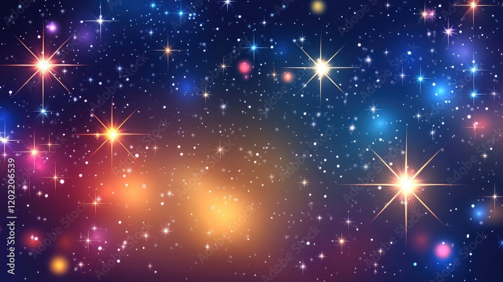 Poster starry night sky with colorful celestial elements and glowing stars in a cosmic background, suitable