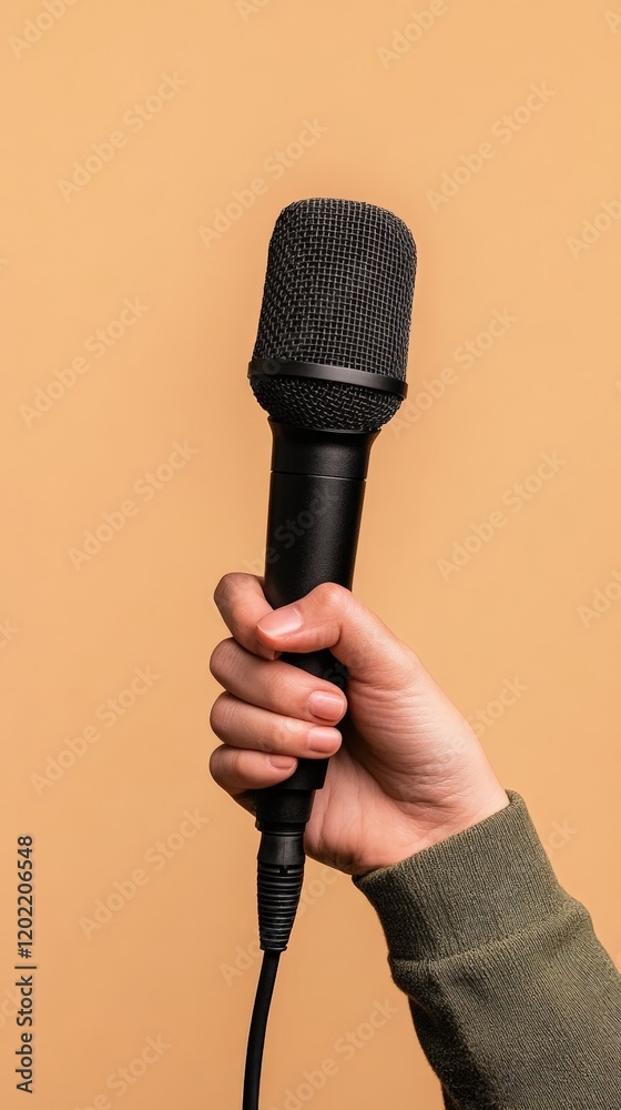 Poster hand holding a professional microphone with cable against a vibrant orange backdrop, creating a stri