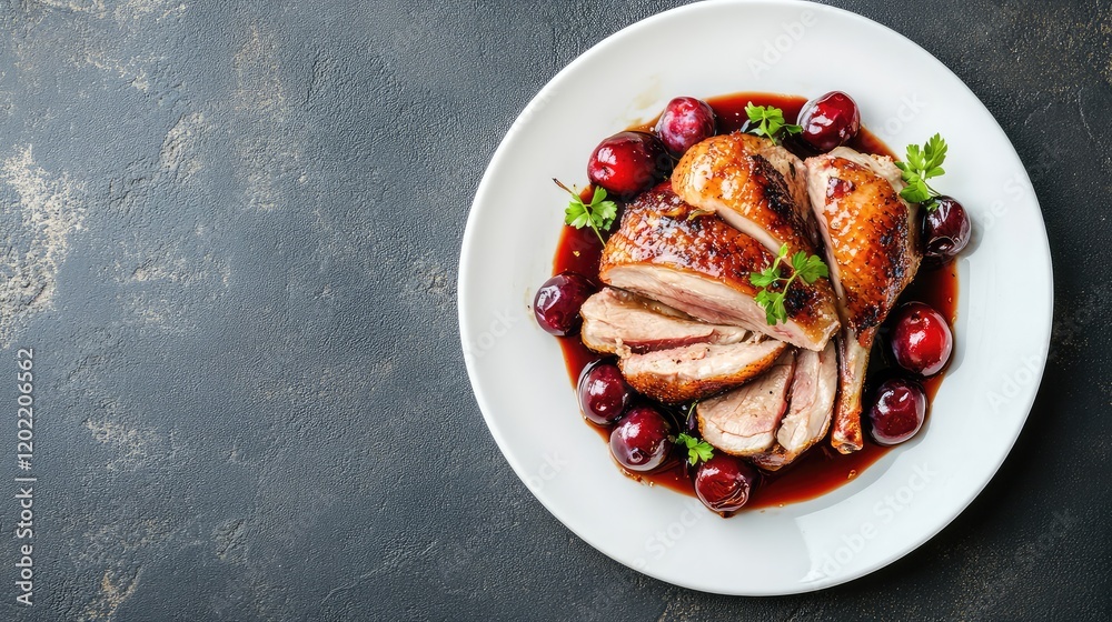 Poster roasted duck served with cherries and sauce on a white plate with copy space for text