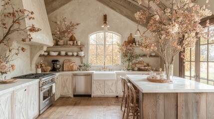 Minimalist modern interior design concepts, Cozy kitchen featuring rustic decor, large windows, and floral arrangements for a warm, inviting atmosphere.