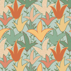 Bold maximalist floral pattern of stylized tulips with dotted and stripy texture on light turquoise linen background. Abstract botanical background in boho folk style for paper and decoration.