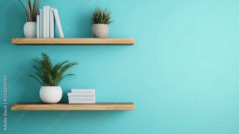 Aufkleber minimalistic shelves with books and potted plants against a turquoise wall with copy space for text 