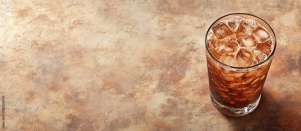 Poster Glass of iced beverage with ice cubes on textured brown background with copy space for text
