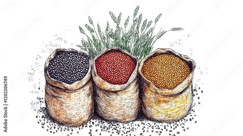 Poster bags filled with black red and yellow seeds placed on a white background with copy space for text