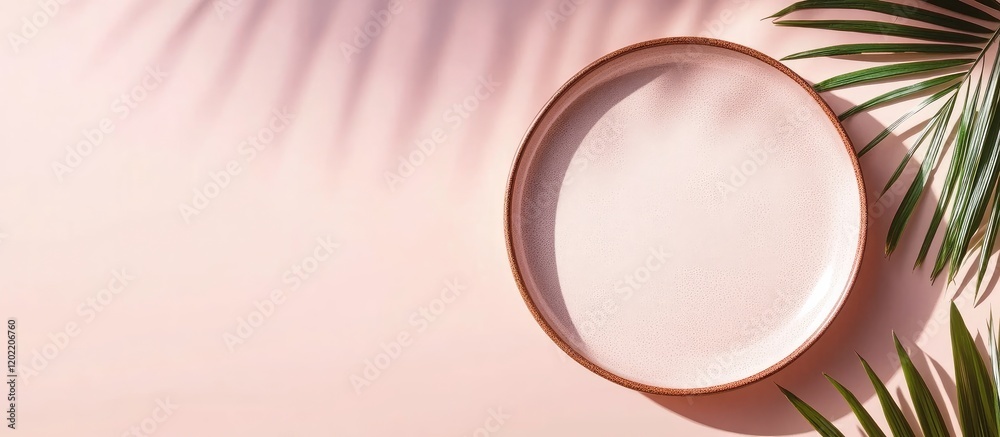 Poster Minimalistic empty ceramic plate on a soft pink background with tropical palm leaves and ample Copy Space for text placement.