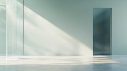 Obraz premium Minimalist interior space with light green walls and natural sunlight casting shadows, featuring an open doorway and ample Copy Space.