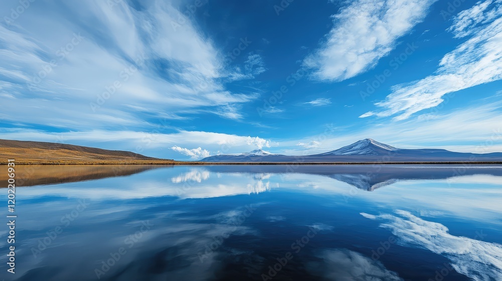 Poster panoramic view of a tranquil lake with reflections of mountains and clouds under a clear blue sky co