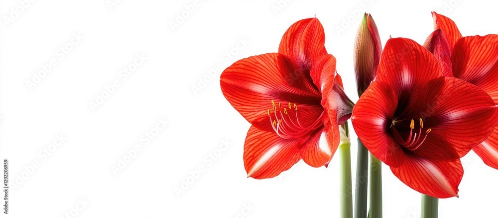 Aufkleber red amaryllis flowers with green stems on a white background featuring ample copy space for text pla