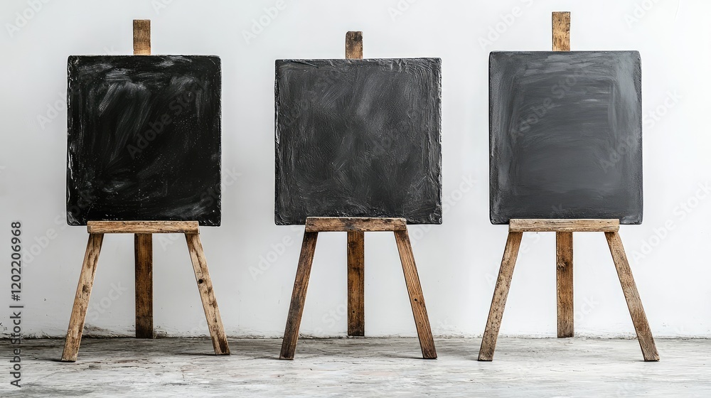 Poster three blank black chalkboards on wooden easels against a white wall with copy space for text placeme