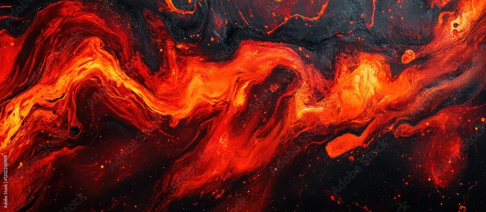 Poster Abstract fiery red and orange fluid art background with dark tones and swirling patterns Copy Space