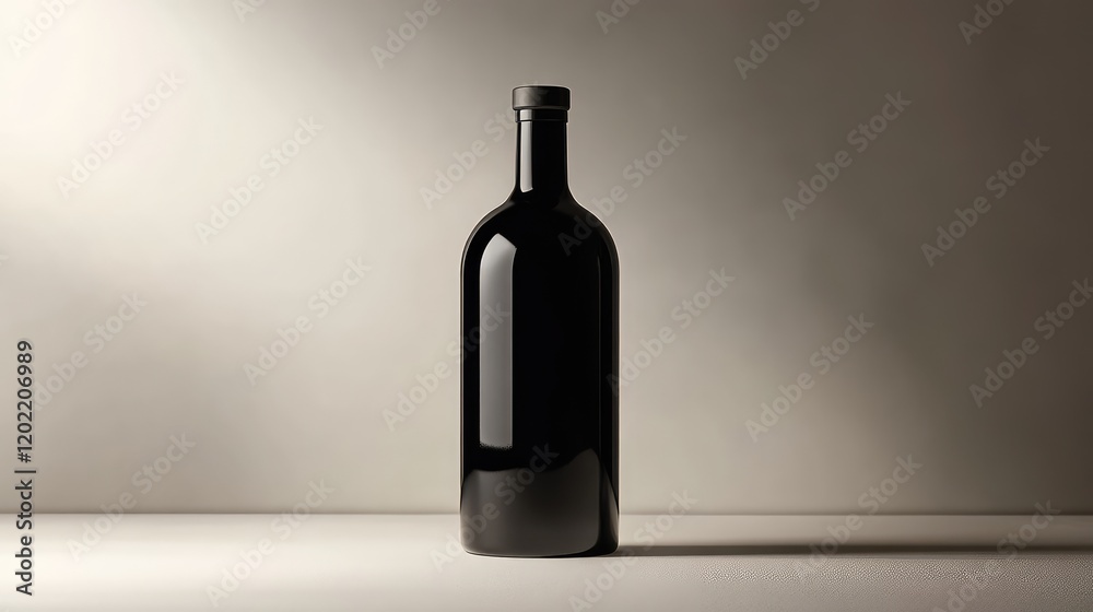Poster Black glass bottle on a neutral background with soft light and shadows featuring Copy Space for text placement
