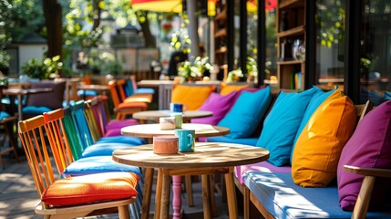Bright outdoor cafe vibes background image. Vibrant cushions, wooden tables, colorful chairs. Peaceful retreat photo backdrop wallpaper realistic. Eclectic concept photorealistic